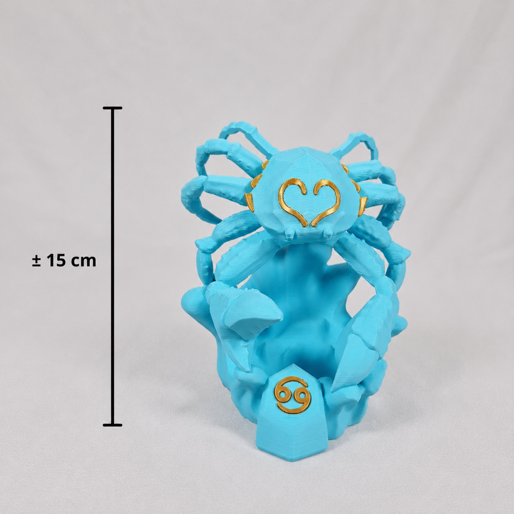 De 3D-geprinte Kreeft sterrenbeeld figuur met een duidelijke maataanduiding van circa 15 centimeter hoog