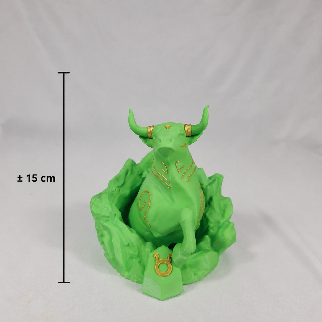 De 3D-geprinte Stier sterrenbeeld figuur met een duidelijke maataanduiding van circa 15 centimeter hoog
