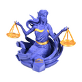 Handgemaakte 3D-geprinte Weegschaal sterrenbeeld figuur in paars met gouden accenten en weegschalen op een grijze achtergrond, als uniek verzamelobject
