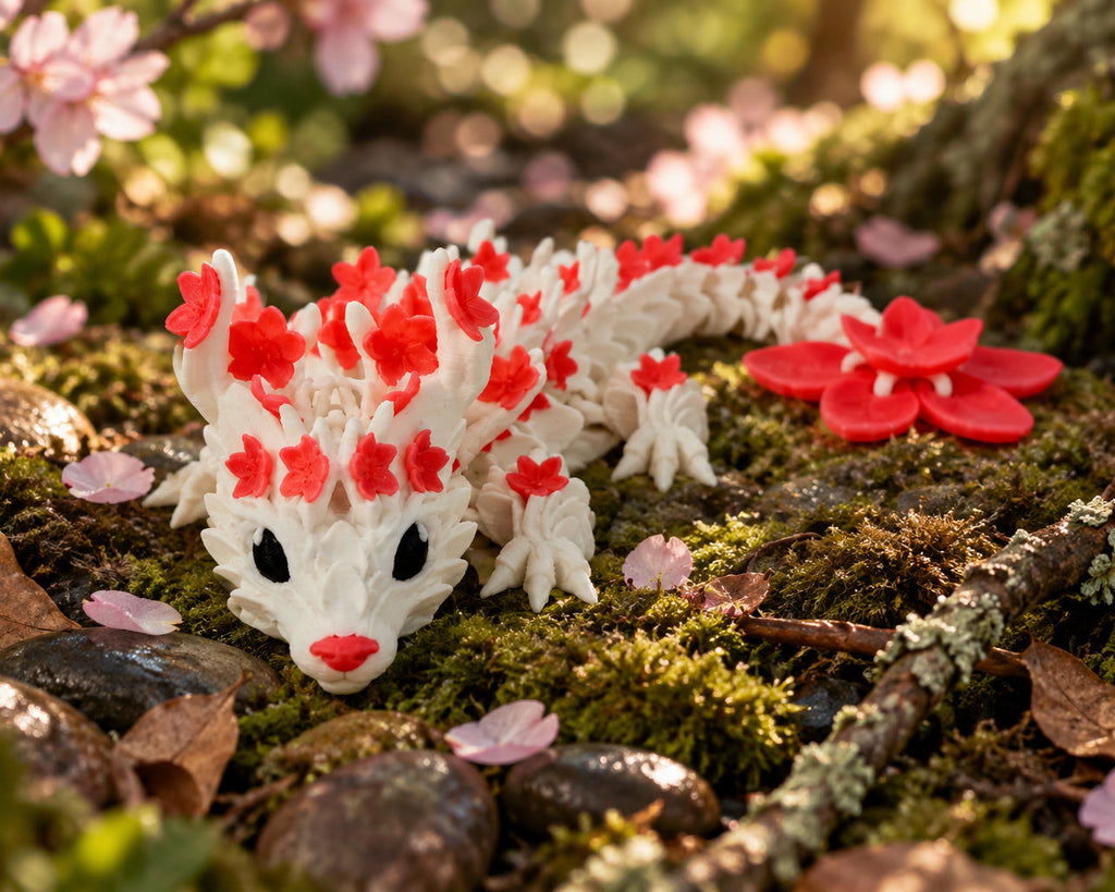 Roze met rode 3D-geprinte cherryblossom baby draak liggend in een natuurlijke bosomgeving met mos en bloesem.