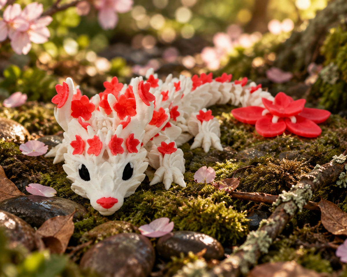 Roze met rode 3D-geprinte cherryblossom baby draak liggend in een natuurlijke bosomgeving met mos en bloesem.