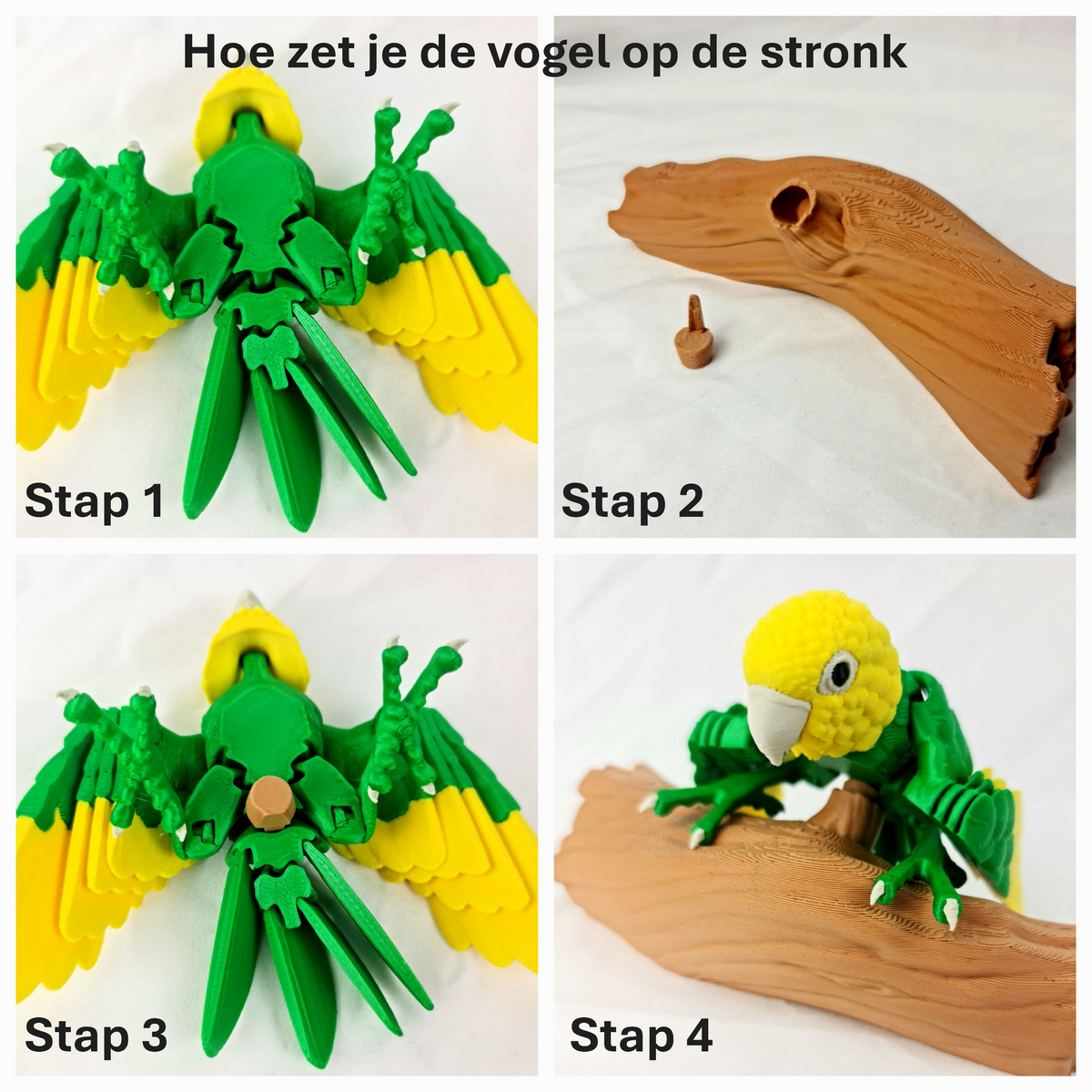 Stappenplan met instructies over hoe je de 3D-geprinte dwergpapegaai op de tak monteert