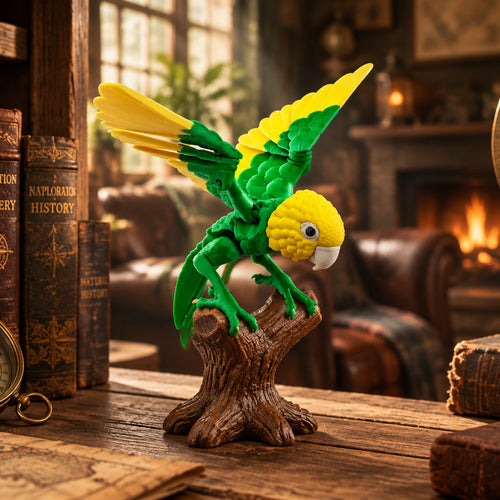 Sfeerfoto van de geel-groene 3D-geprinte dwergpapegaai op een houten standaard in een sfeervol interieur