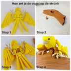 Stappenplan met instructies voor het monteren van de gele 3D-geprinte kanarie op de tak