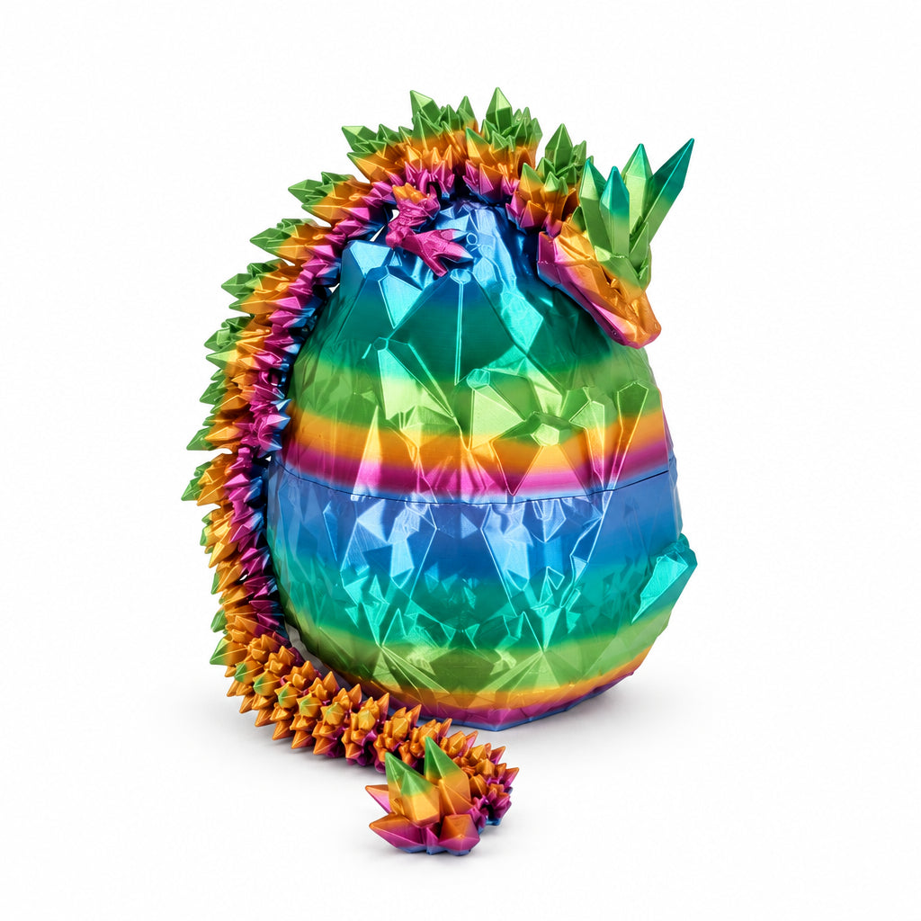 Meerkleurige 3D-geprinte kristaldraak met ei in regenboogkleuren op een witte achtergrond.