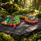 Regenboogkleurige 3D-geprinte kristaldraak opgesteld met zijn draakenei op een stijlvolle ondergrond.