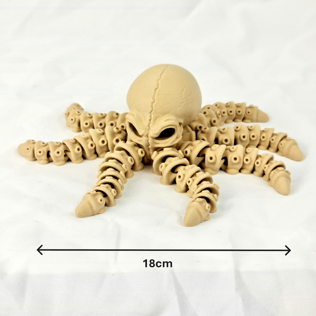 Overzicht van de flexibele beige skelet octopus met maataanduidingen in centimeters.