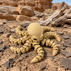 Schuin bovenaanzicht van de buigzame beige skelet octopus met uitgespreide tentakels op een neutrale ondergrond.