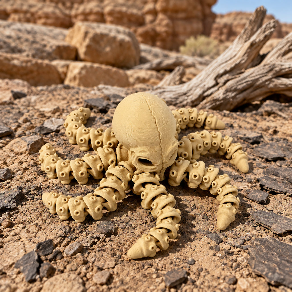 Schuin bovenaanzicht van de buigzame beige skelet octopus met uitgespreide tentakels op een neutrale ondergrond.