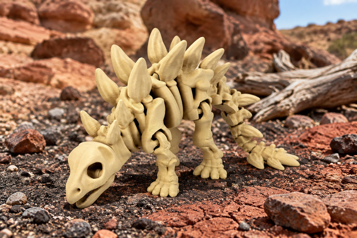 Schuin vooraanzicht van de buigzame beige skelet stegosaurus staand op een neutrale ondergrond.