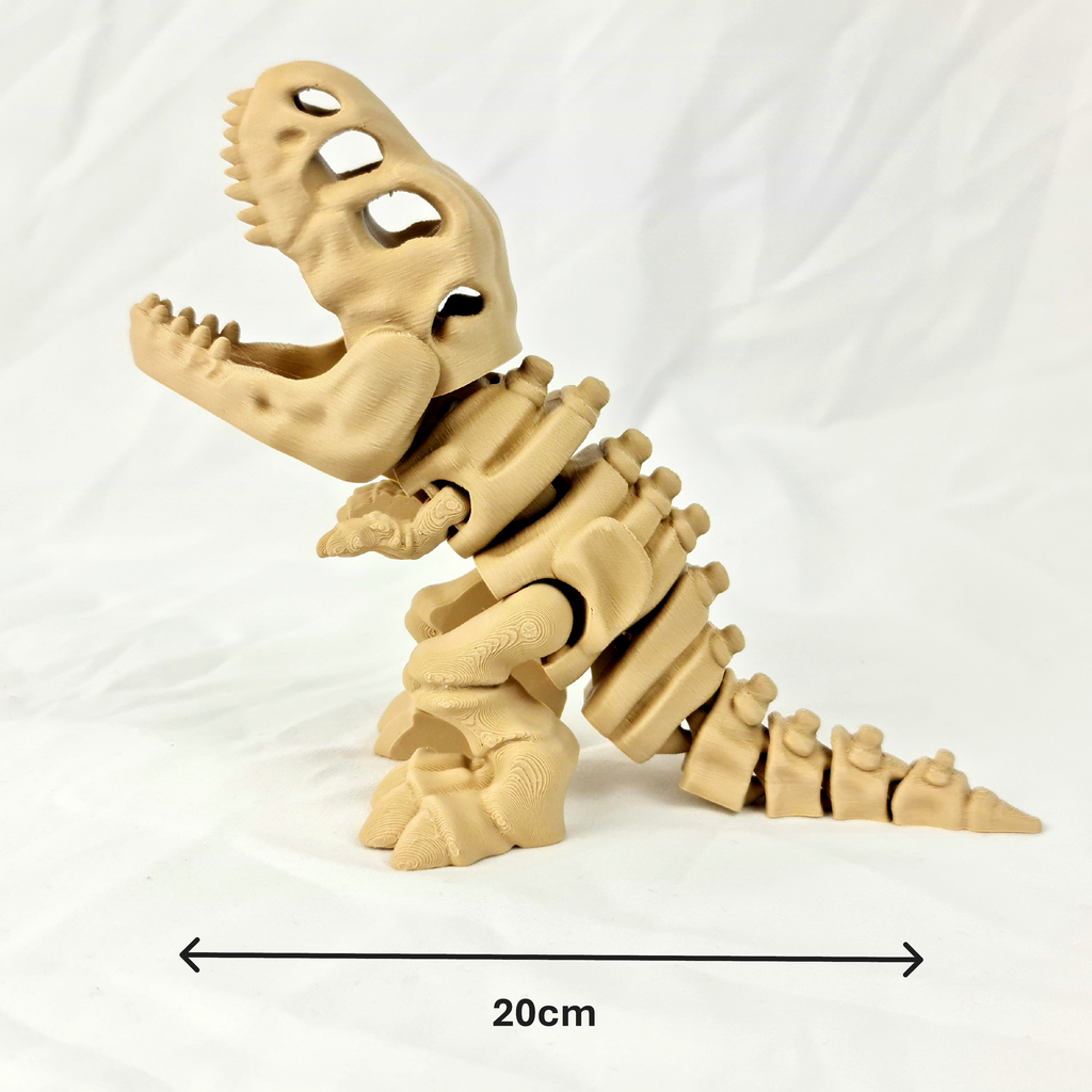 Zijaanzicht van de flexibele beige skelet T-Rex met maataanduidingen in centimeters.