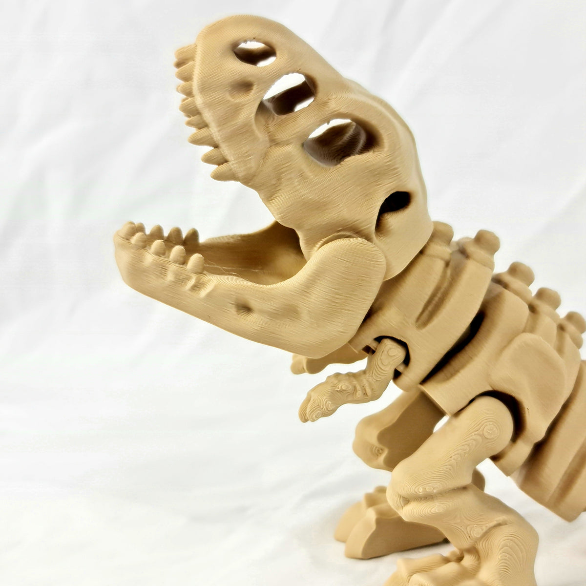Close-up van de gedetailleerde schedel en scherpe tanden van de beige skelet T-Rex.