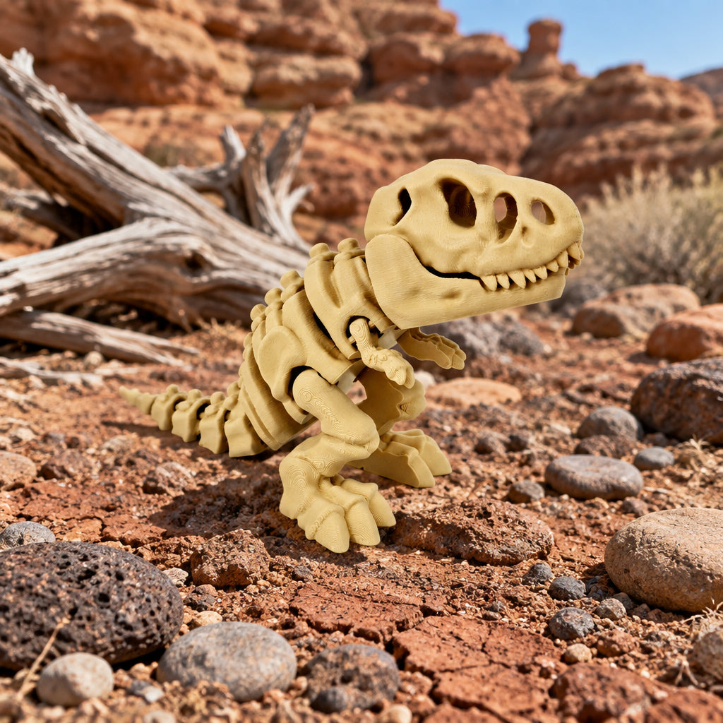 Schuin vooraanzicht van de buigzame beige skelet T-Rex staand op een neutrale ondergrond.