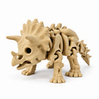 Beige 3D-geprinte skelet triceratops van PLA met neus- en wenkbrauwhoorns en nekkraag op een schone witte achtergrond.
