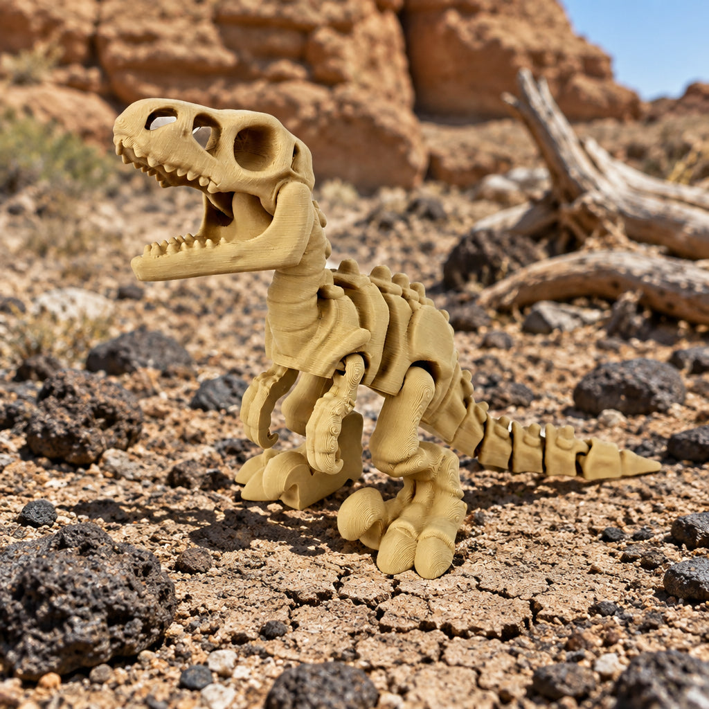Schuin vooraanzicht van de buigzame beige skelet velociraptor staand op een neutrale ondergrond.