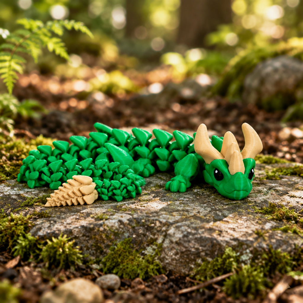 Groene 3D-geprinte Sylvara draak met meerkleurig ei opgesteld in een sfeervolle omgeving.