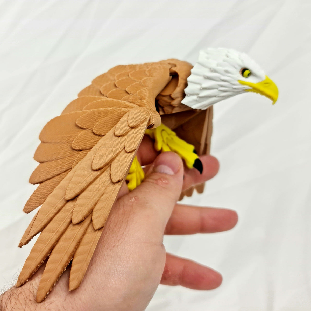 Beweegbare 3D-geprinte Amerikaanse zeearend vastgehouden in een hand voor formaatindicatie
