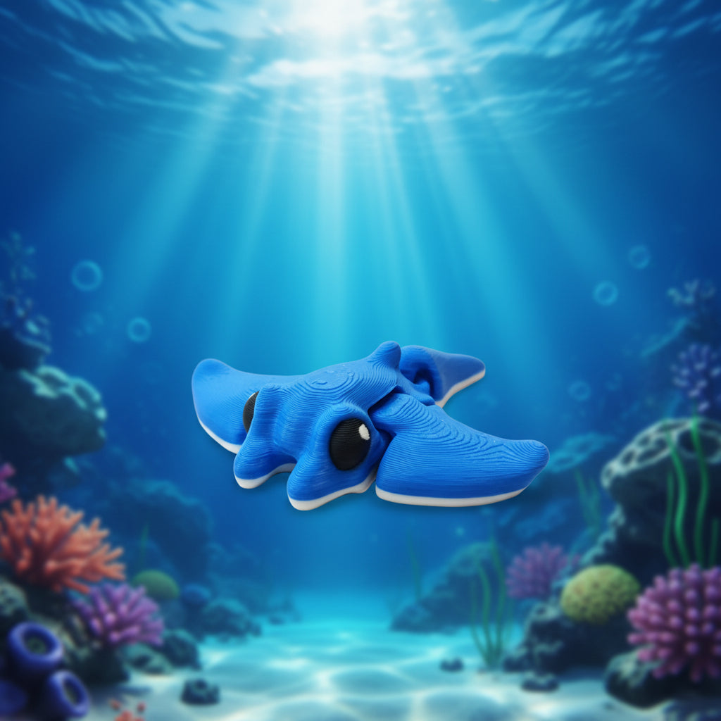 Blauwe 3D-geprinte mini mantarog speels gefotografeerd in een onderwaterwereld decor