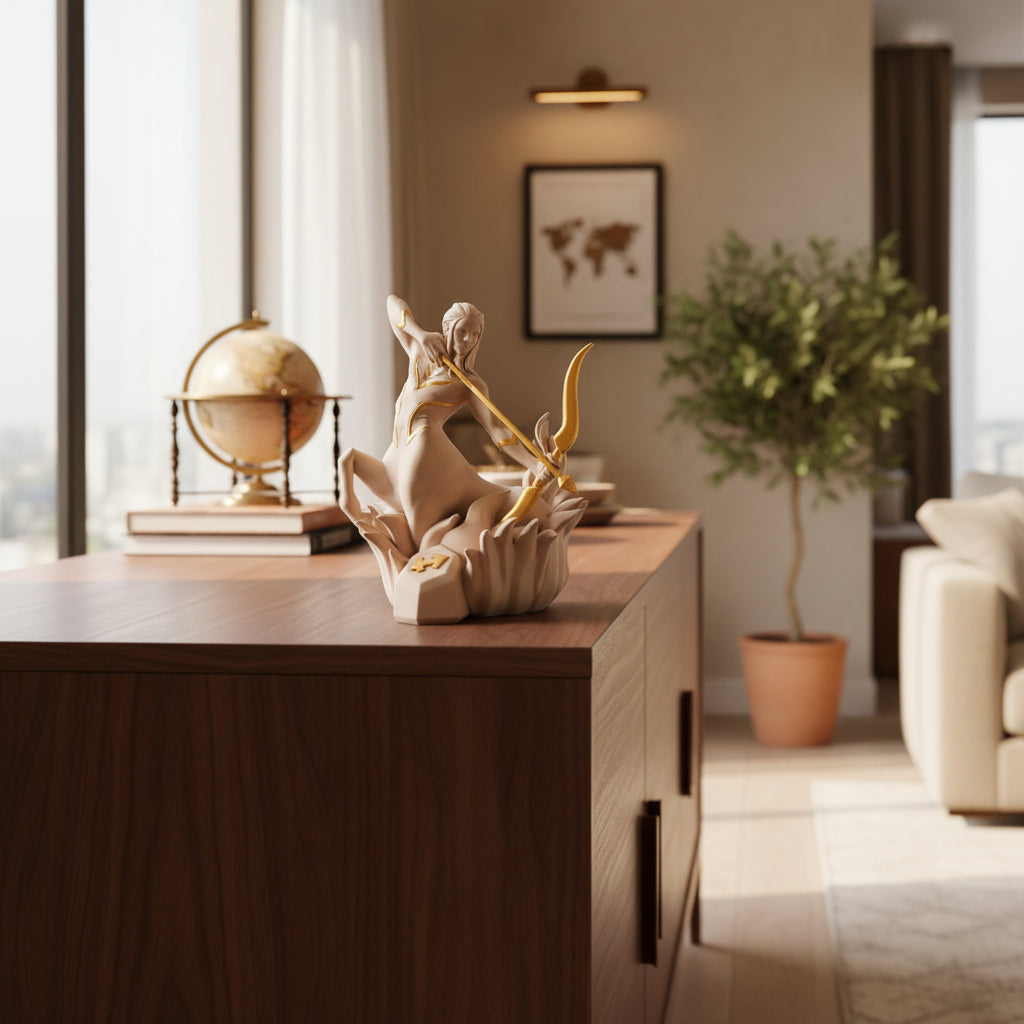 Het 3D-geprinte sterrenbeeld Boogschutter beeldje sfeervol opgesteld op een houten kast in een modern interieur als woondecoratie
