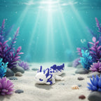 De 3D-geprinte flexibele mini axolotl Amethyst in een sfeervolle onderwaterwereld met koralen en zand als decoratief figuurtje