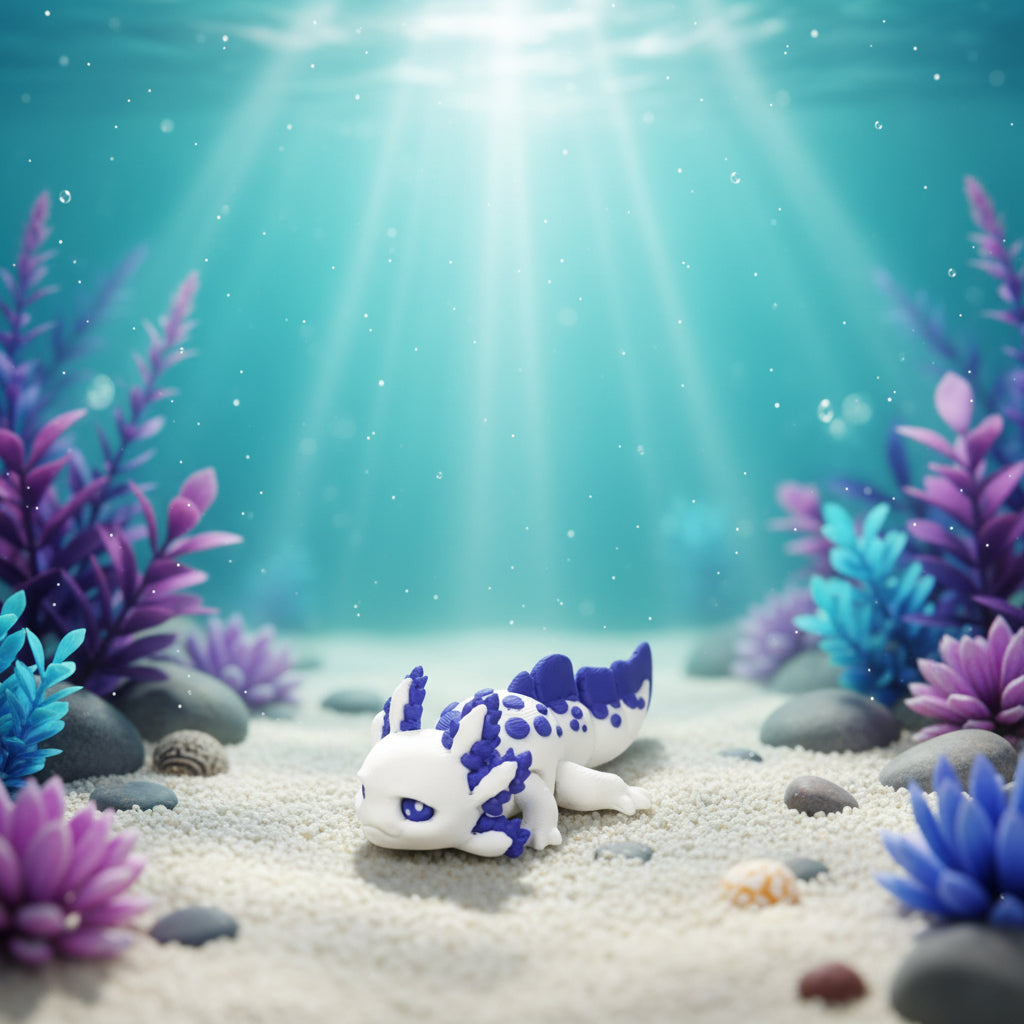 De 3D-geprinte flexibele mini axolotl Amethyst in een sfeervolle onderwaterwereld met koralen en zand als decoratief figuurtje