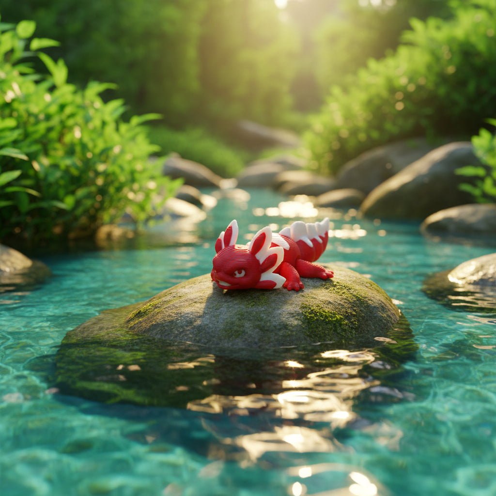 De 3D-geprinte flexibele mini axolotl Ruby rustend op een rots in een heldere rivier met groene oevers als decoratief figuurtje