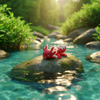 De 3D-geprinte flexibele mini axolotl Ruby rustend op een rots in een heldere rivier met groene oevers als decoratief figuurtje