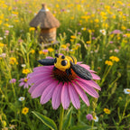 De 3D-geprinte flexibele bij op een roze coneflower bloem in een zomerse bloemenweide als unieke natuurdecoratie