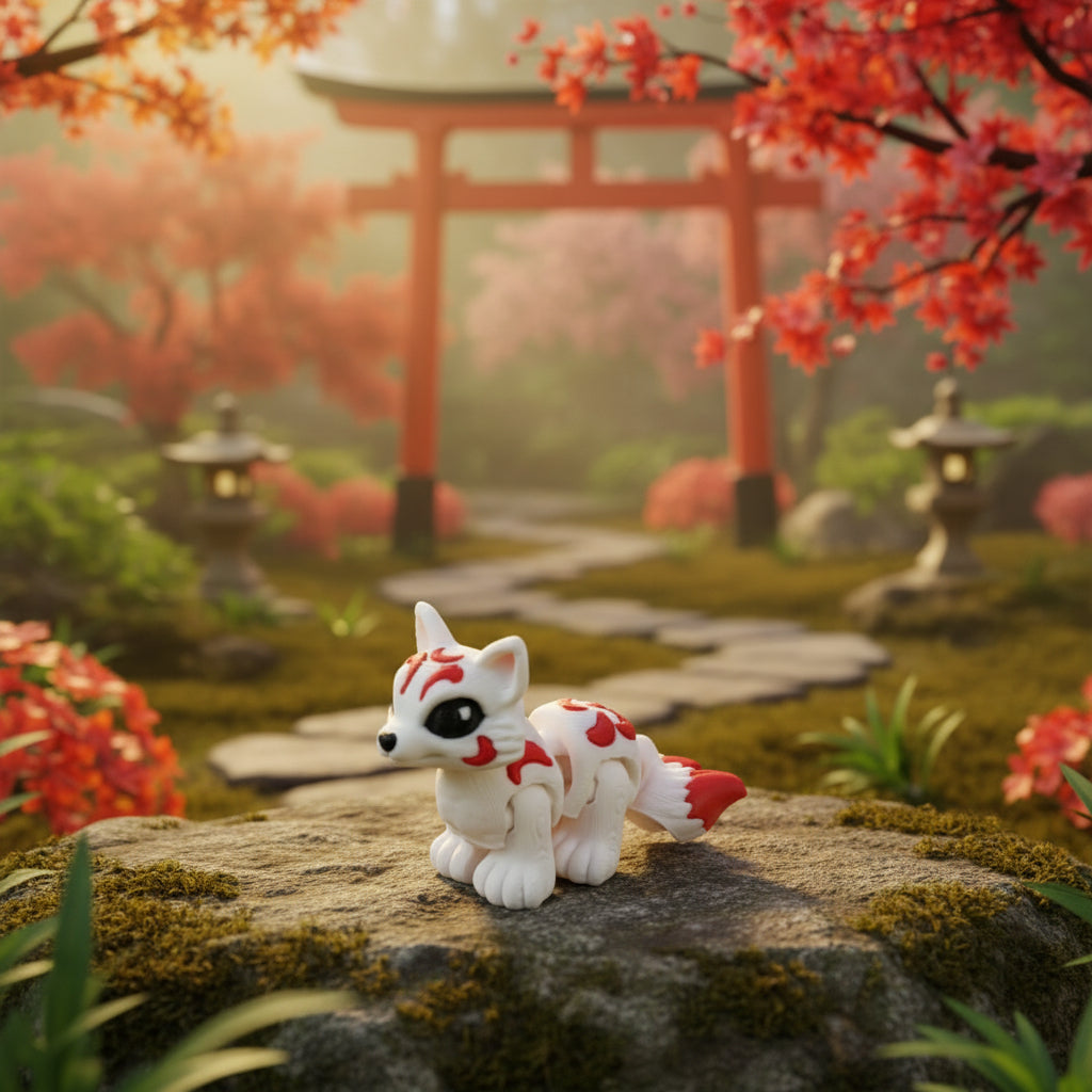 De 3D-geprinte flexibele mini Kitsune in een sfeervolle Japanse tuin met een rode torii poort en herfstbomen als decoratief figuurtje