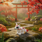 De 3D-geprinte flexibele mini Kitsune in een sfeervolle Japanse tuin met een rode torii poort en herfstbomen als decoratief figuurtje