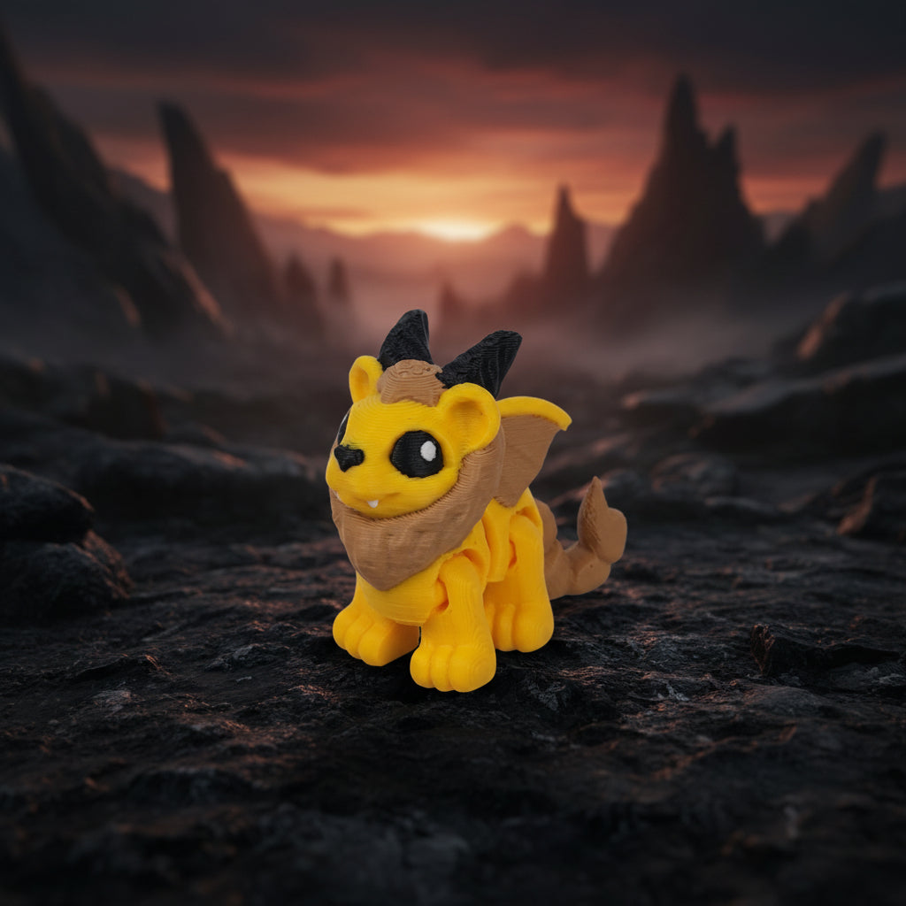 De 3D-geprinte flexibele mini manticore in een episch fantasy rotslandschap bij zonsondergang als sfeervol decoratief figuurtje