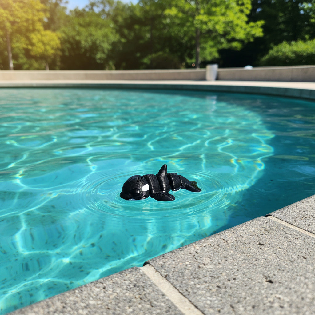 De 3D-geprinte flexibele mini orca in helder blauw water aan de rand van een zwembad als sfeervol decoratief figuurtje