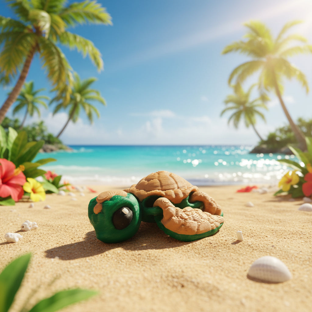 De flexibele 3D-geprinte schildpad in een realistische tropische strandsetting met zand, palmbomen en de oceaan, ideaal voor decoratie.