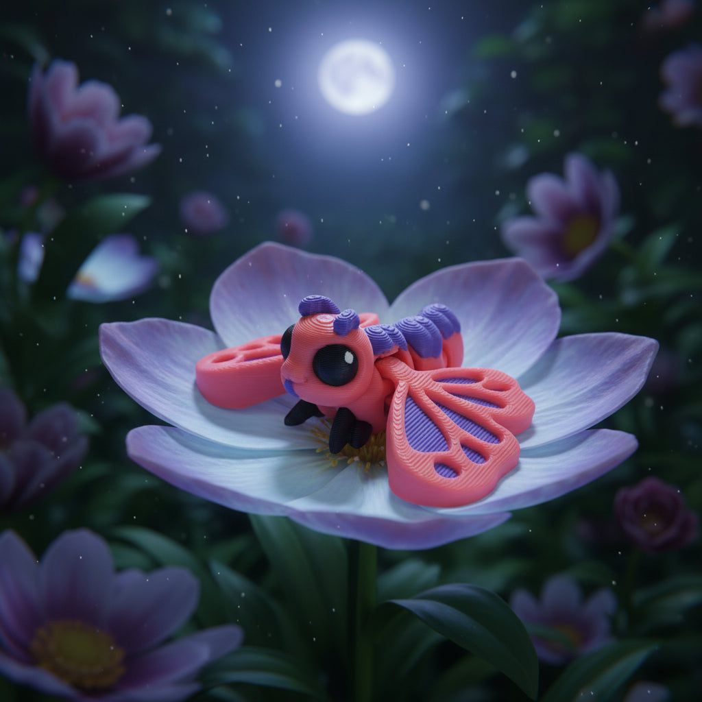 De 3D-geprinte flexibele vlinder rust op een bloem in een magische, nachtelijke tuin bij volle maan, als unieke woondecoratie.