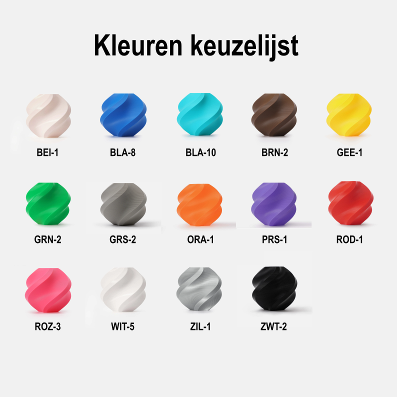 Overzicht van de beschikbare kleuren keuzelijst in PLA plastic voor de handgemaakte 3D-geprinte producten van FDCreaties