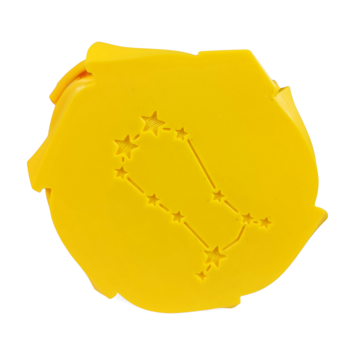 Detailopname van de onderzijde van het 3D-geprinte Tweeling sterrenbeeld beeld met gegraveerd sterrenbeeld patroon