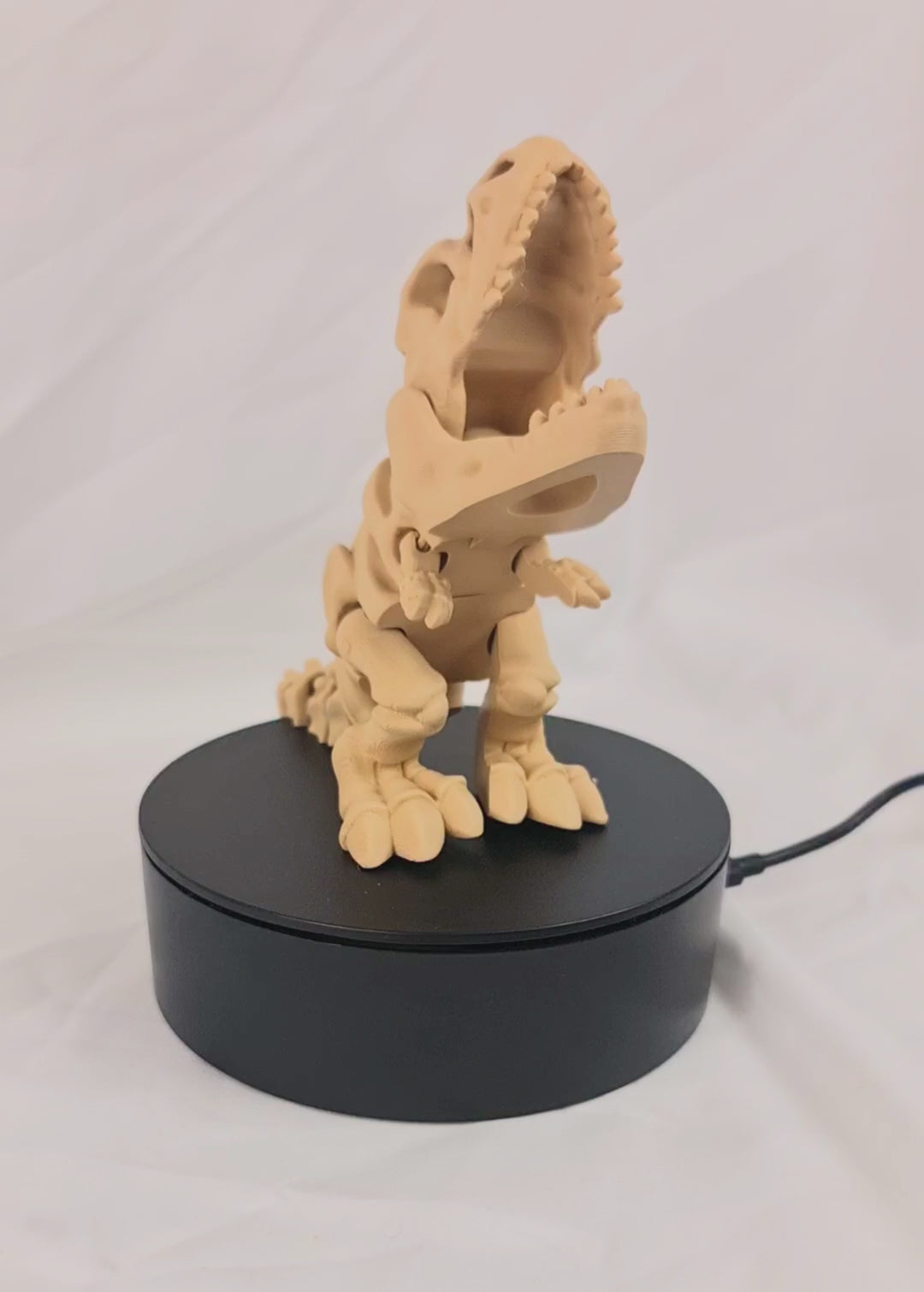 Video van de beige 3D-geprinte skelet T-Rex op een roterend displayplatform.