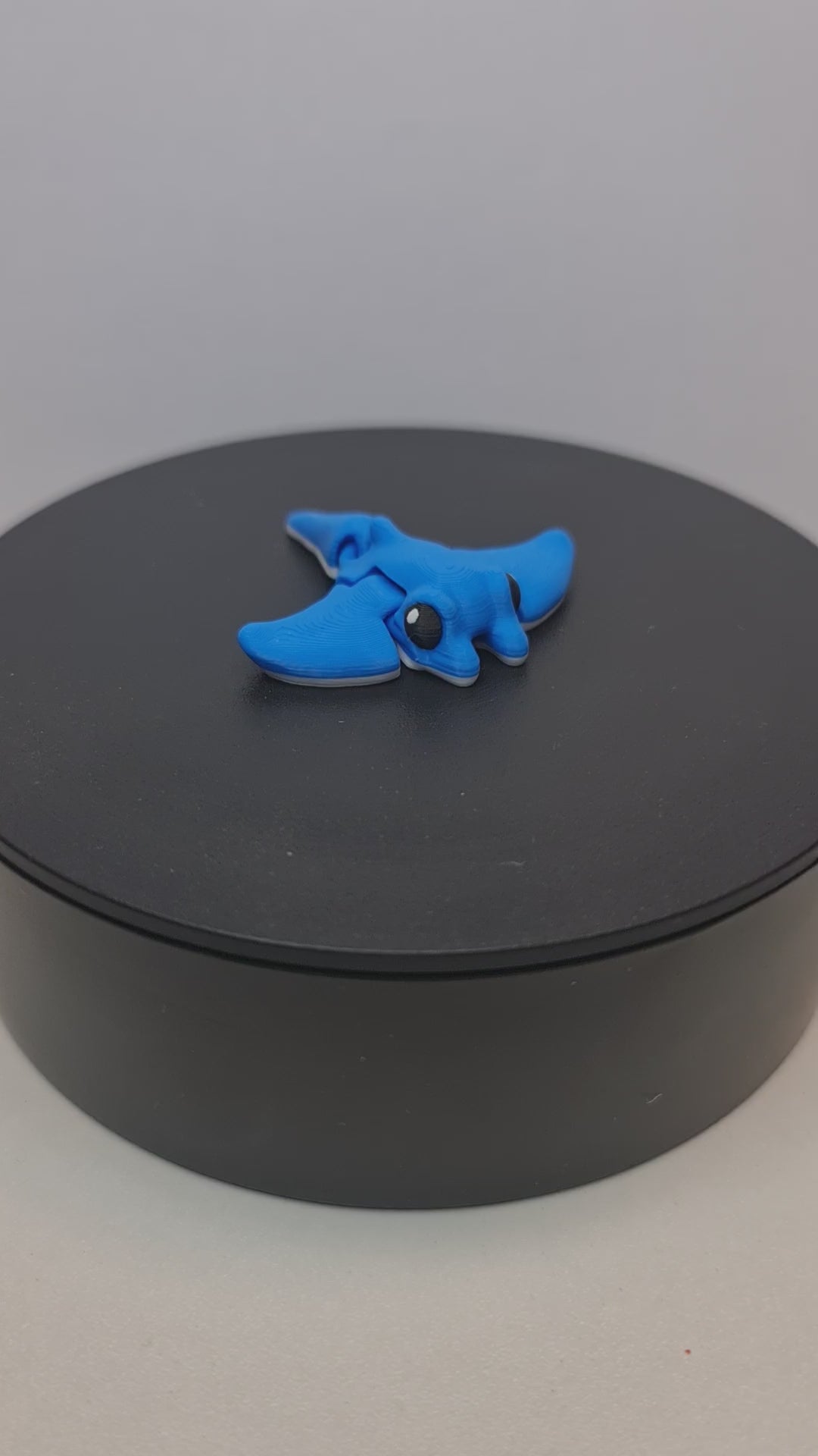 3D-geprinte blauwe mini mantarog fidget gepresenteerd op een zwart draaiplateau