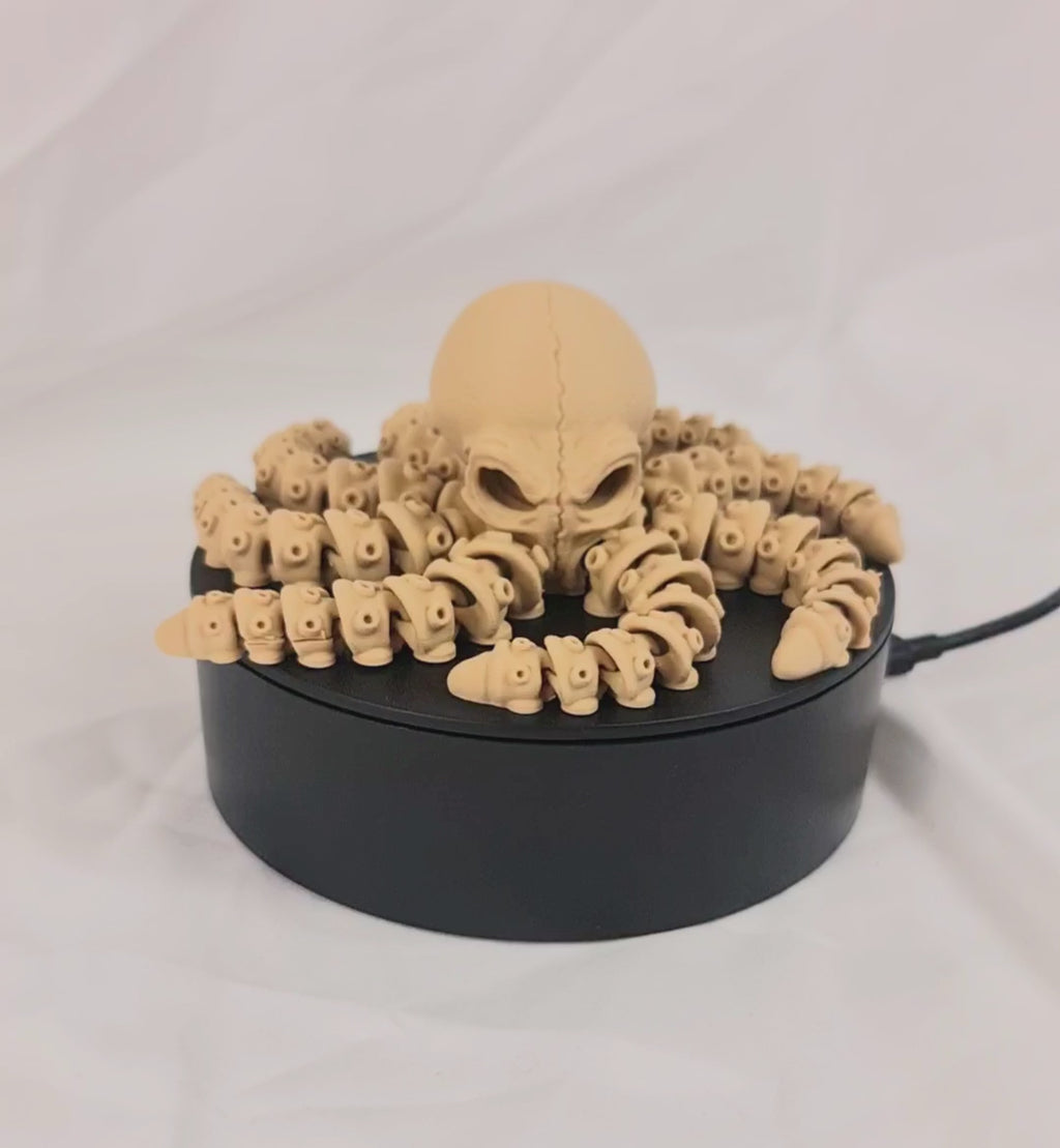 Video van de beige 3D-geprinte skelet octopus op een roterend displayplatform.
