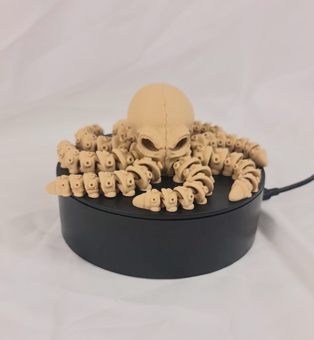 Video van de beige 3D-geprinte skelet octopus op een roterend displayplatform.