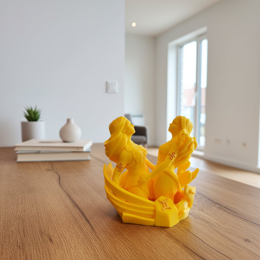 Het 3D-geprinte sterrenbeeld Tweeling beeldje sfeervol opgesteld op een houten tafel in een modern interieur als woondecoratie